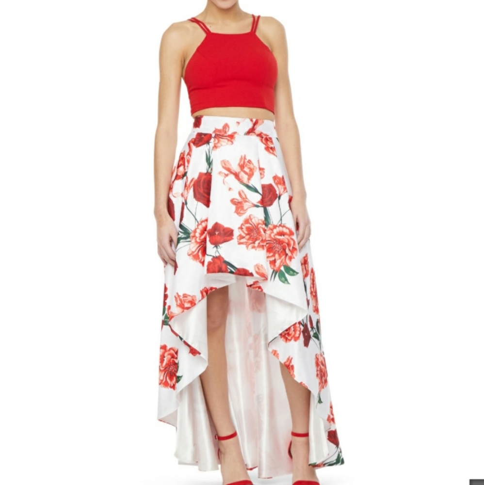 Red and white two piece formal dress